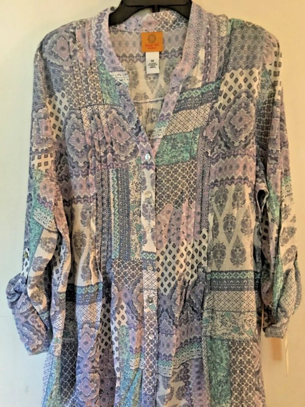 Ruby Road Woman's Top Size 1X In Pastel Pink Blue White Patchwork Pattern